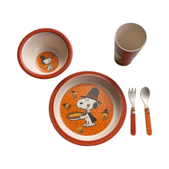 Peanuts Bamboo Kids Thanksgiving Plate Setting Snoopy Charlie Brown 5 Piece NIB - Picture 1 of 7